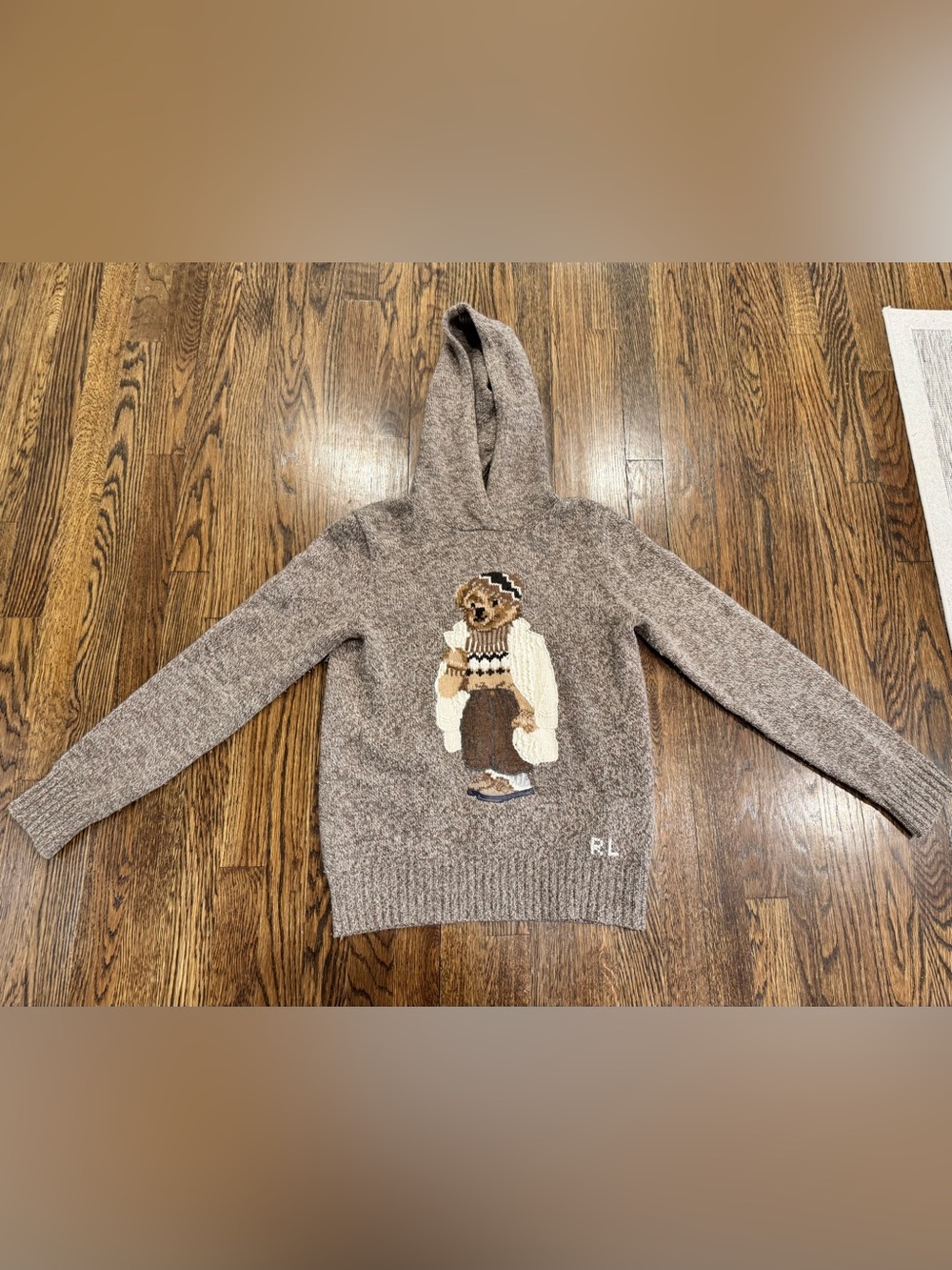 Polo Ralph Lauren Womens Polo Bear Brown Wool Cashmere Hooded Sweater Size XS